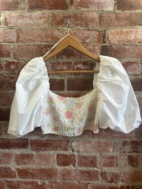 White Puff-Sleeve Smocked Crop Top with Pastel Floral Zara xl